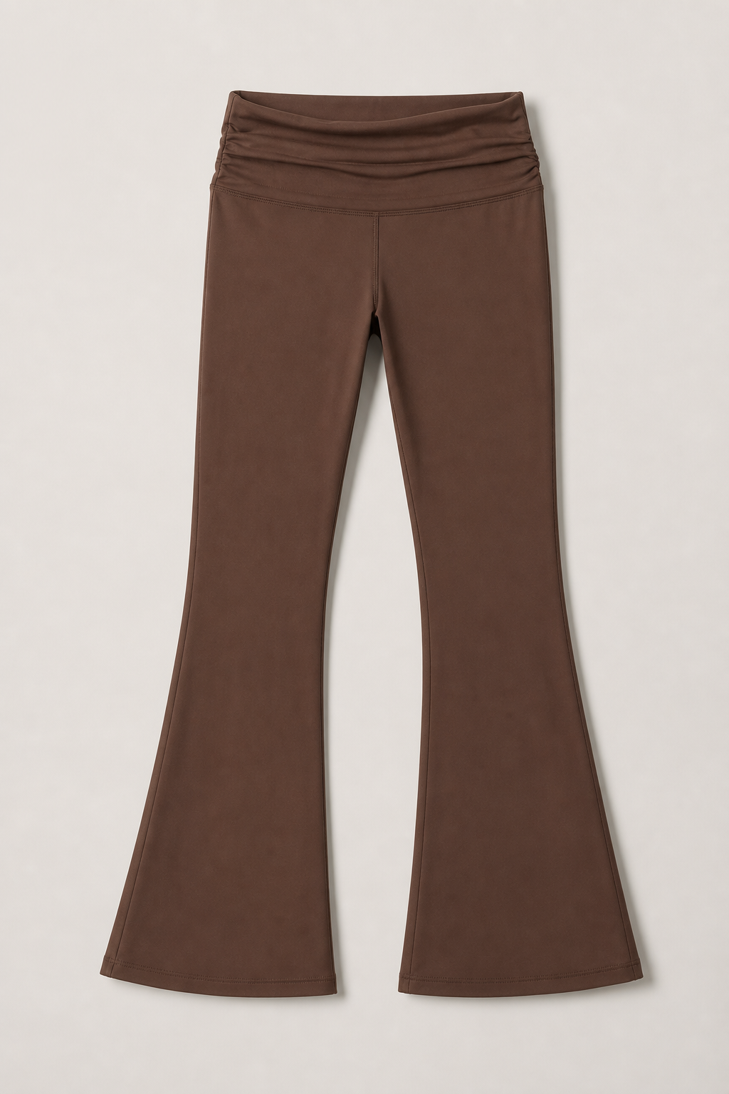 Mocha brown foldover flare Pilates pants product flat lay