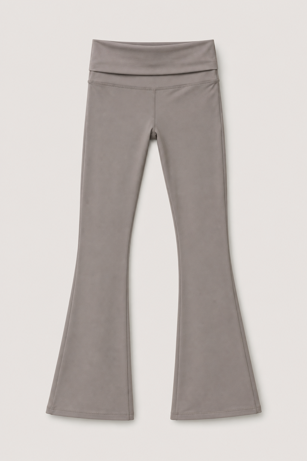 Soft grey taupe foldover flare Pilates pants product flat lay