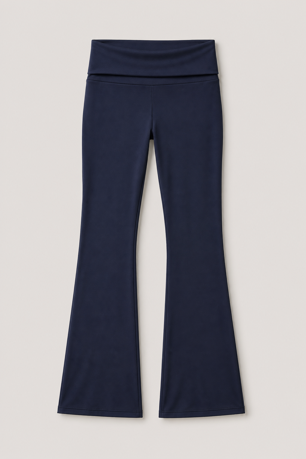 Deep navy foldover flare Pilates pants product flat lay