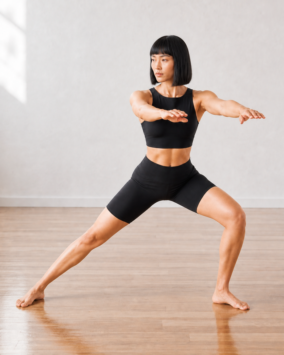 Lateral Lunge — Black Boat-Neck Studio Short Set