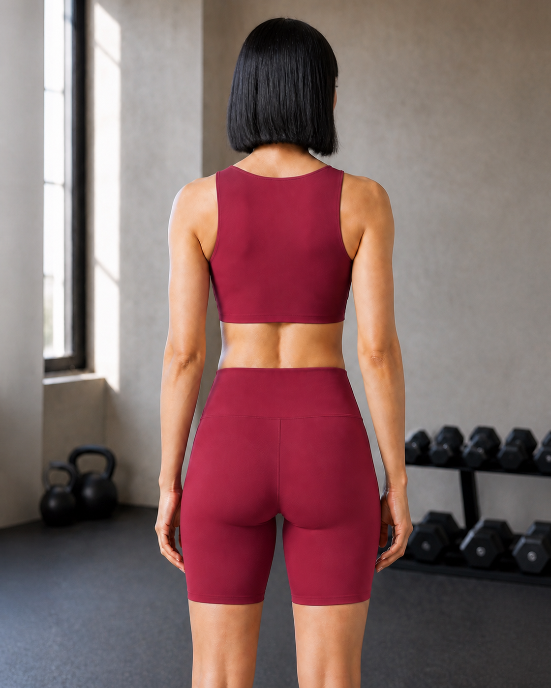 Red color view of the Boat-Neck Studio Short Set