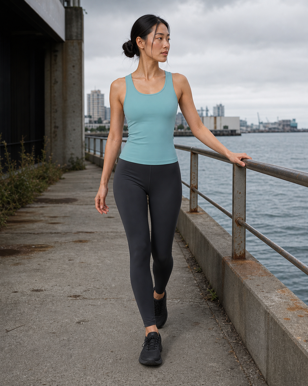 Green Contour Racer Tank on an overcast riverside walkway.