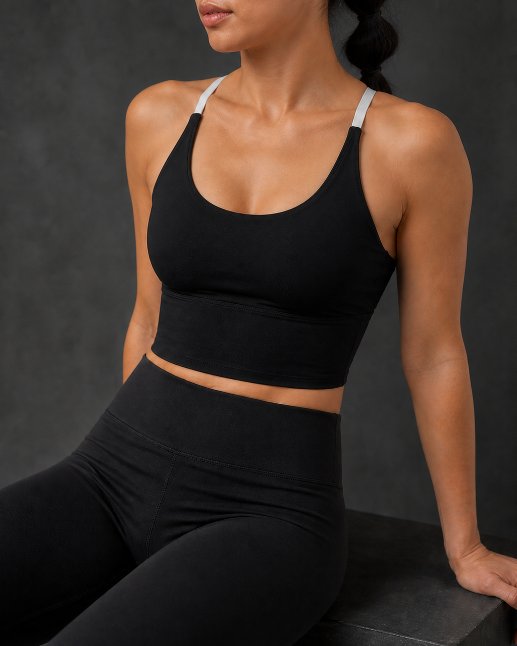 Strap Seam Detail — Black Contrast Strap Longline Bra