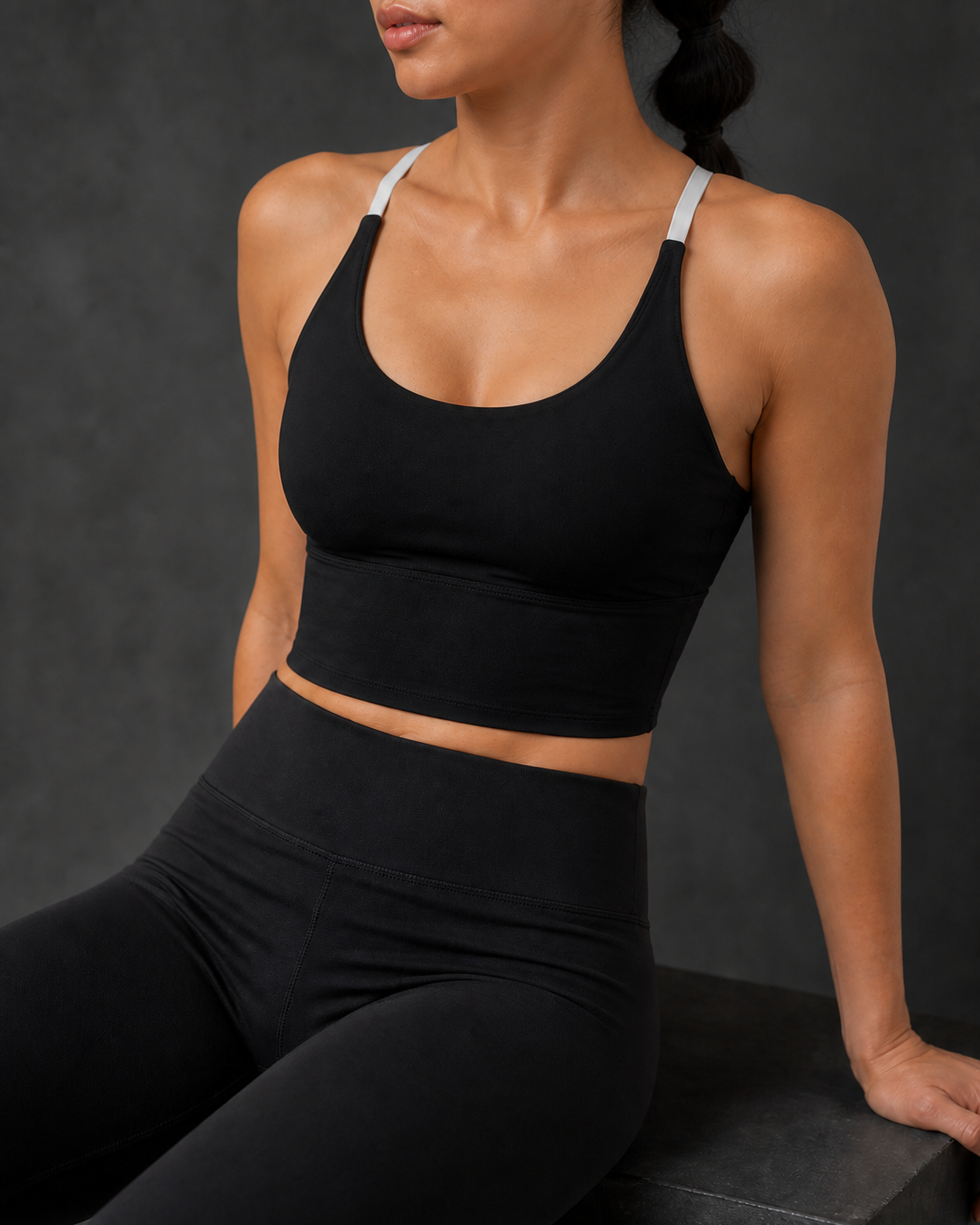 Strap Seam Detail — Black Contrast Strap Longline Bra