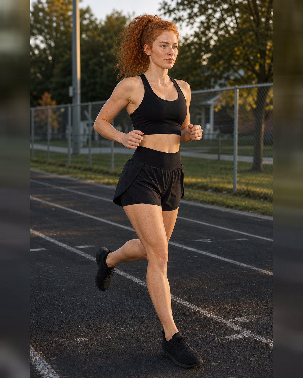 Model running on a track in black double-layer shorts.
