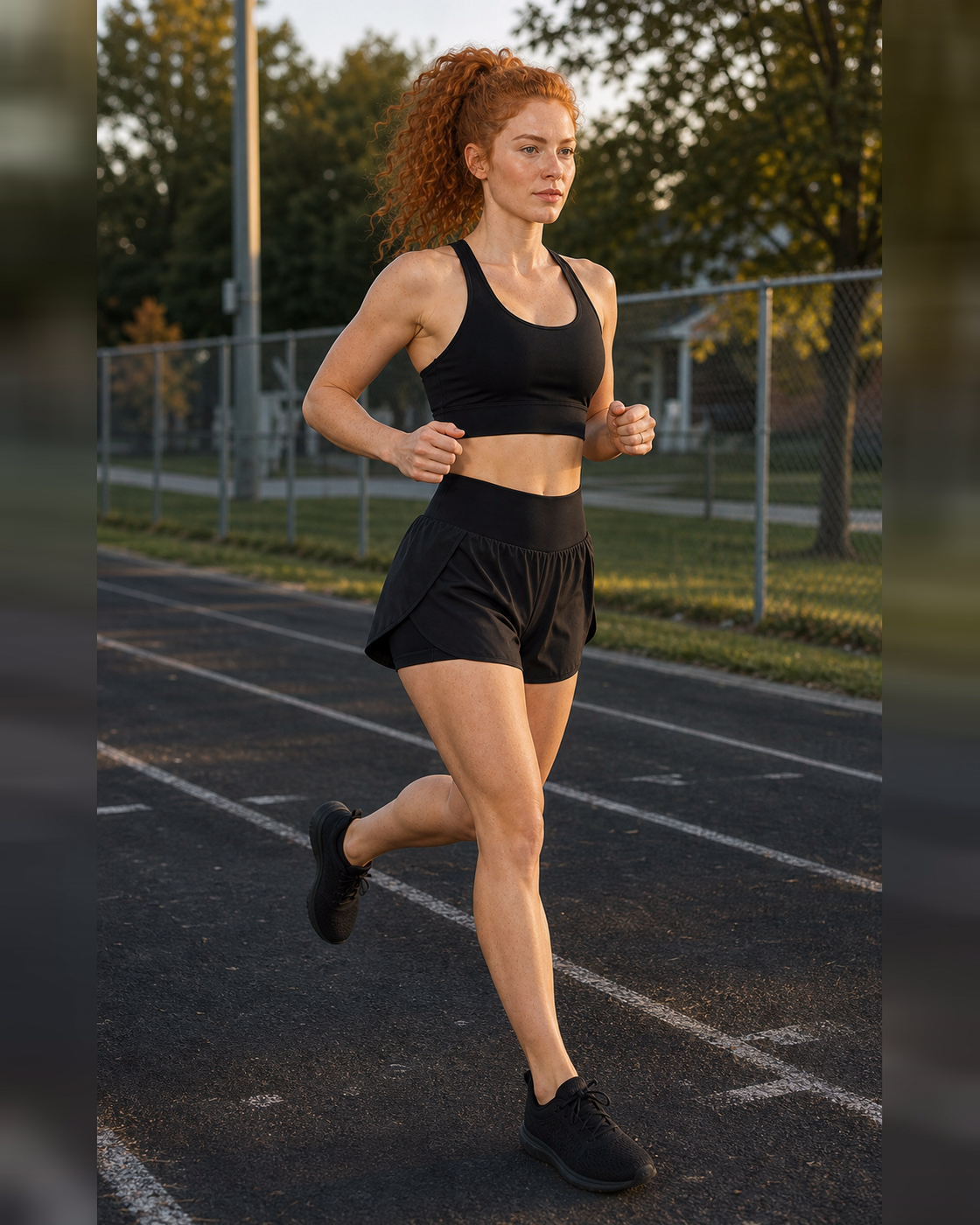 Model running on a track in black double-layer shorts.
