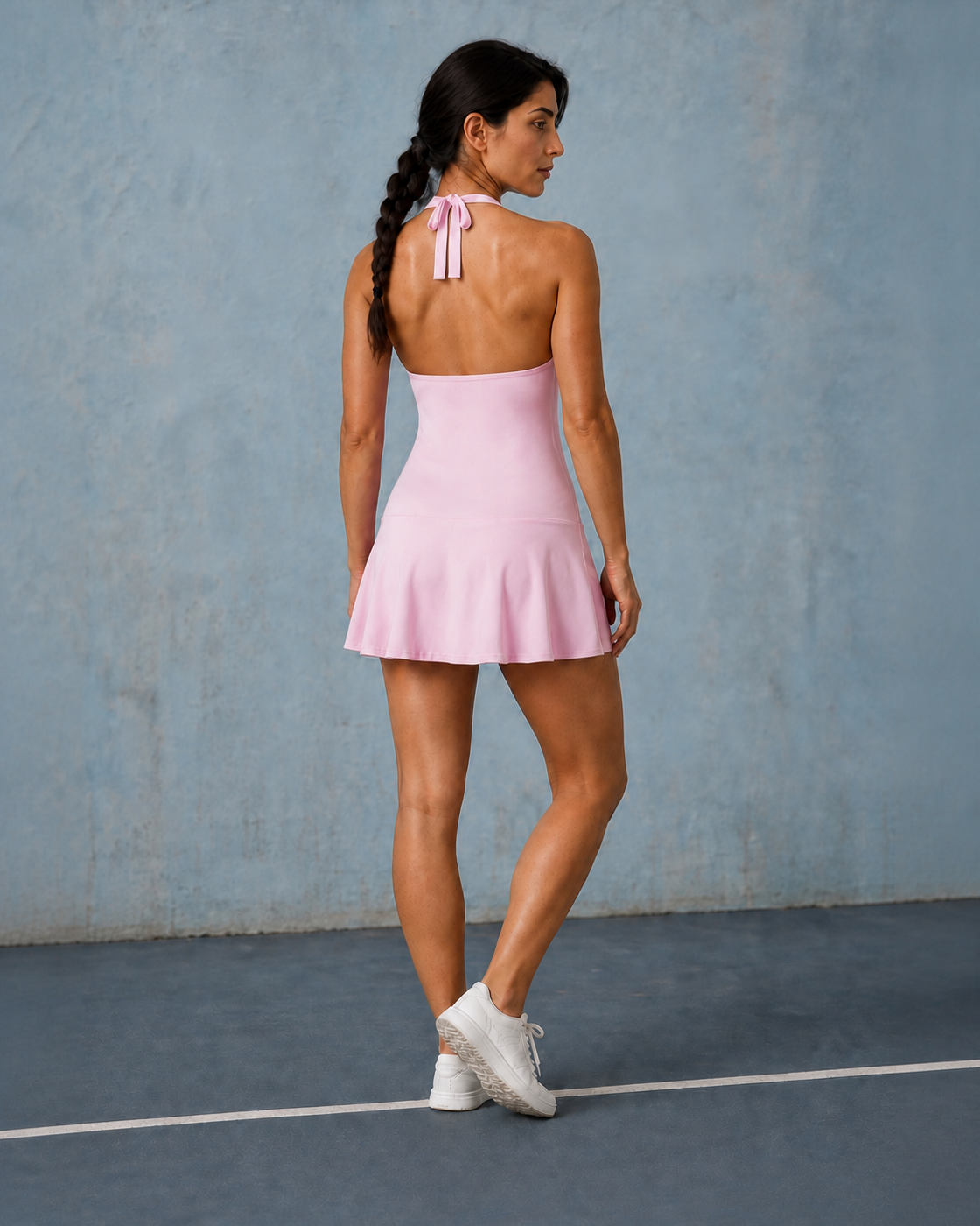 Pink color view of the Halter Court Dress