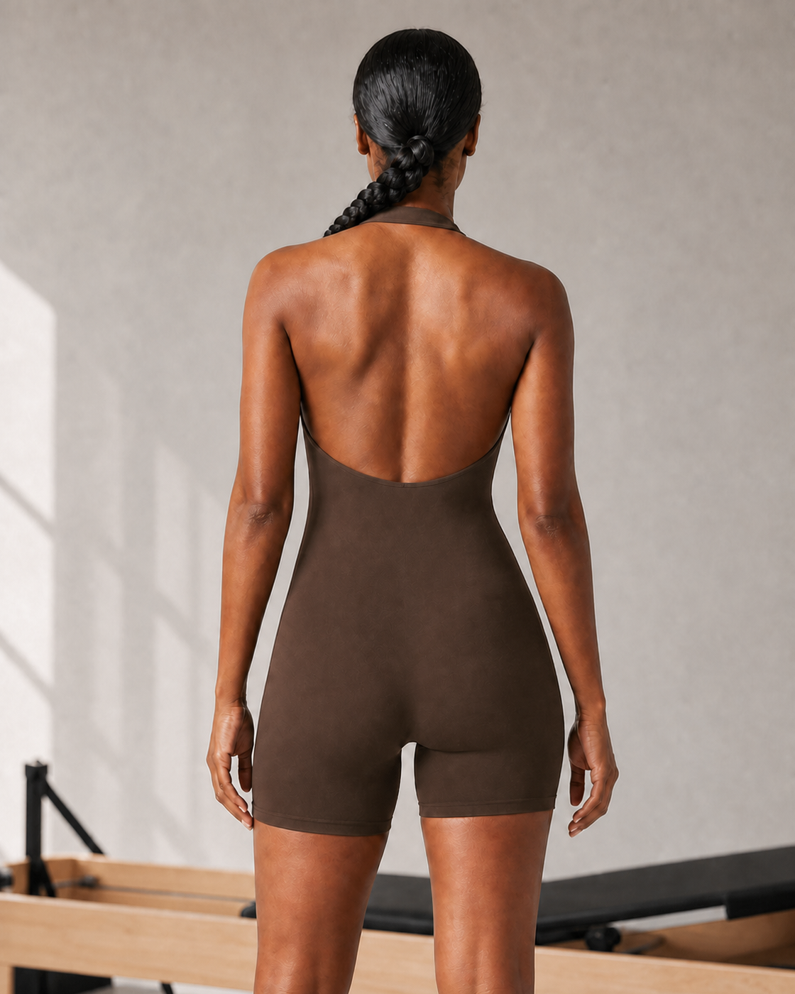 Brown color view of the Halter Short One-Piece