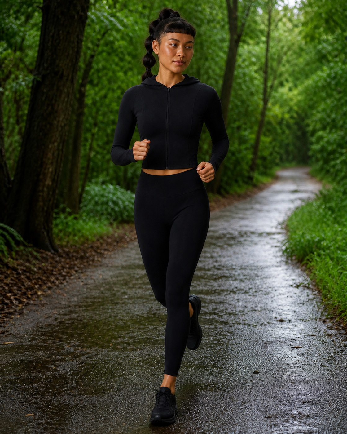 Trail Jog — Black Hooded Contour Jacket