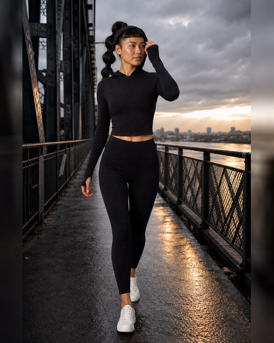 Hood Up Footbridge — Black Hooded Contour Jacket