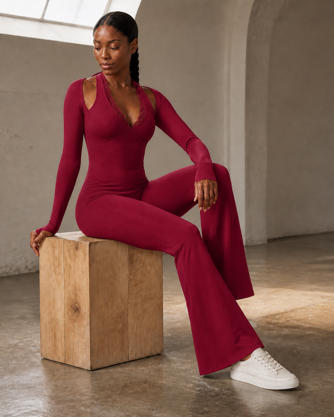 Cherry Red color view of the Lace-Trim Flare One-Piece