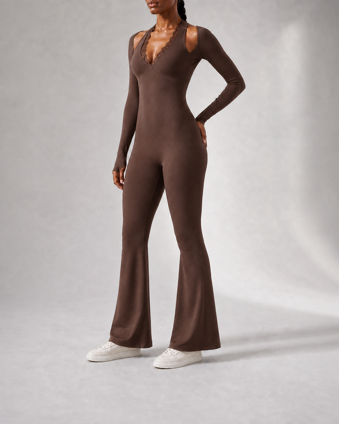 Chocolate color view of the Lace-Trim Flare One-Piece
