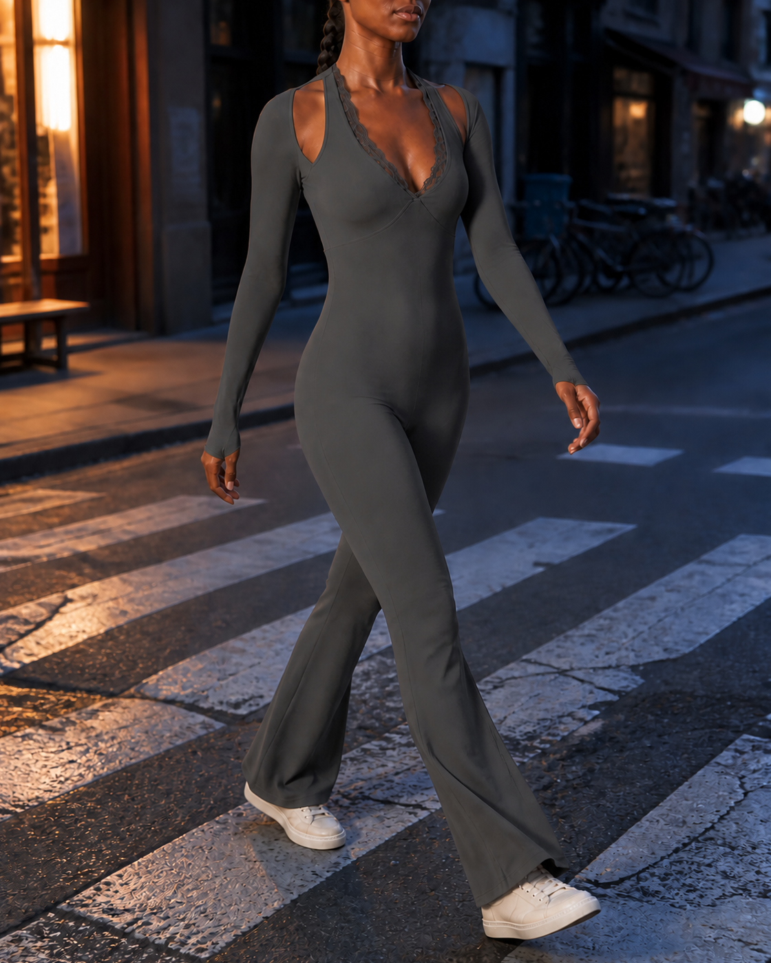 Grey color view of the Lace-Trim Flare One-Piece