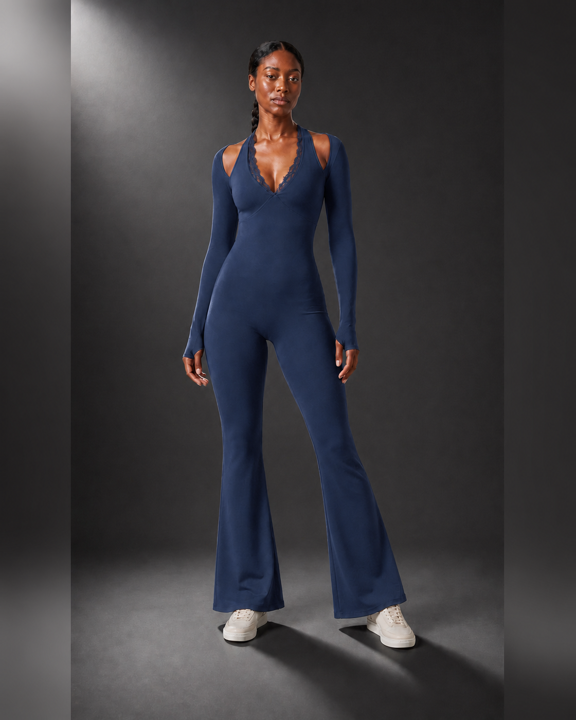 Navy color view of the Lace-Trim Flare One-Piece
