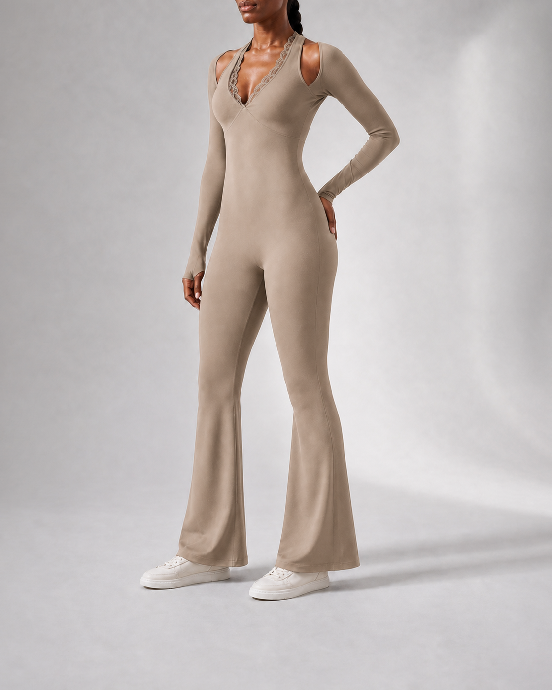 Toffee color view of the Lace-Trim Flare One-Piece