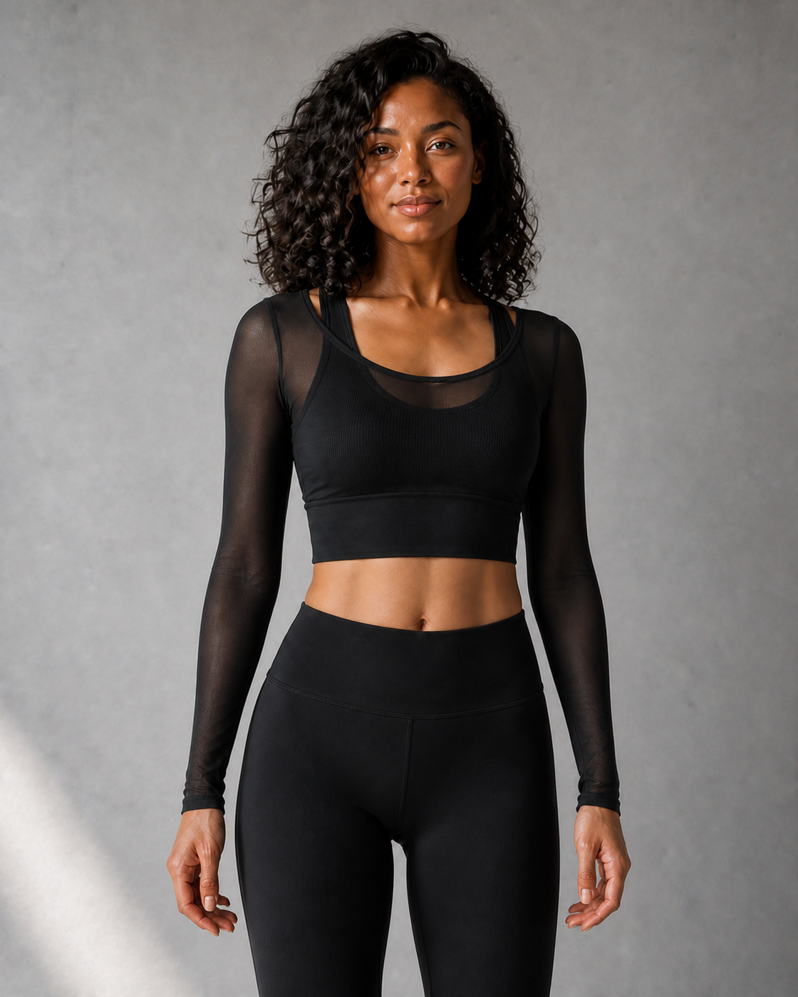 Front Hero — Black Mesh Layer Long-Sleeve Top