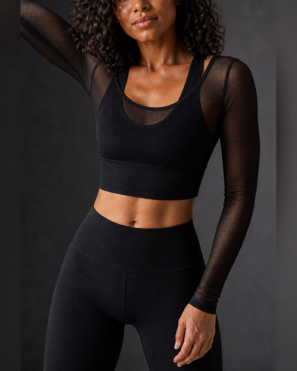 Mesh Detail — Black Mesh Layer Long-Sleeve Top