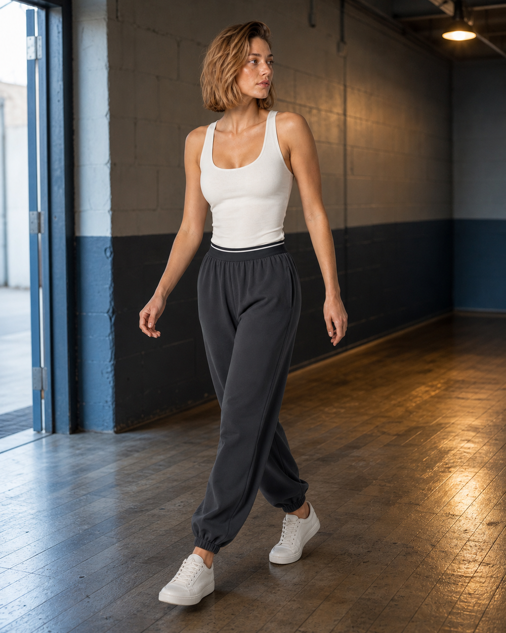 Model walking through a training corridor in deep Grey relaxed joggers.