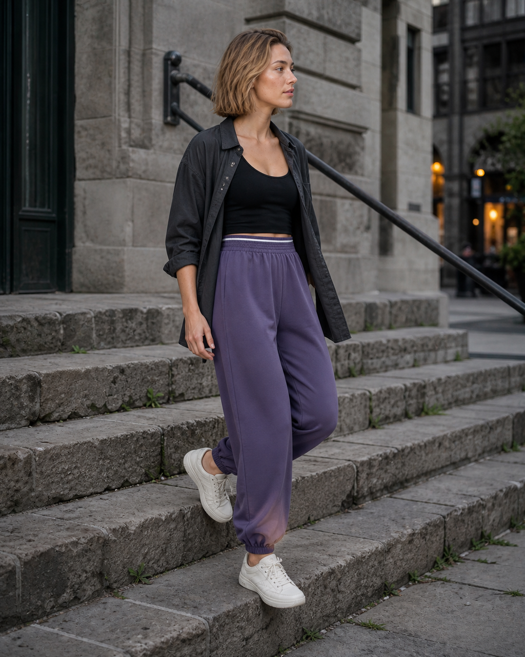 Model descending worn stone stairs in Purple relaxed joggers.