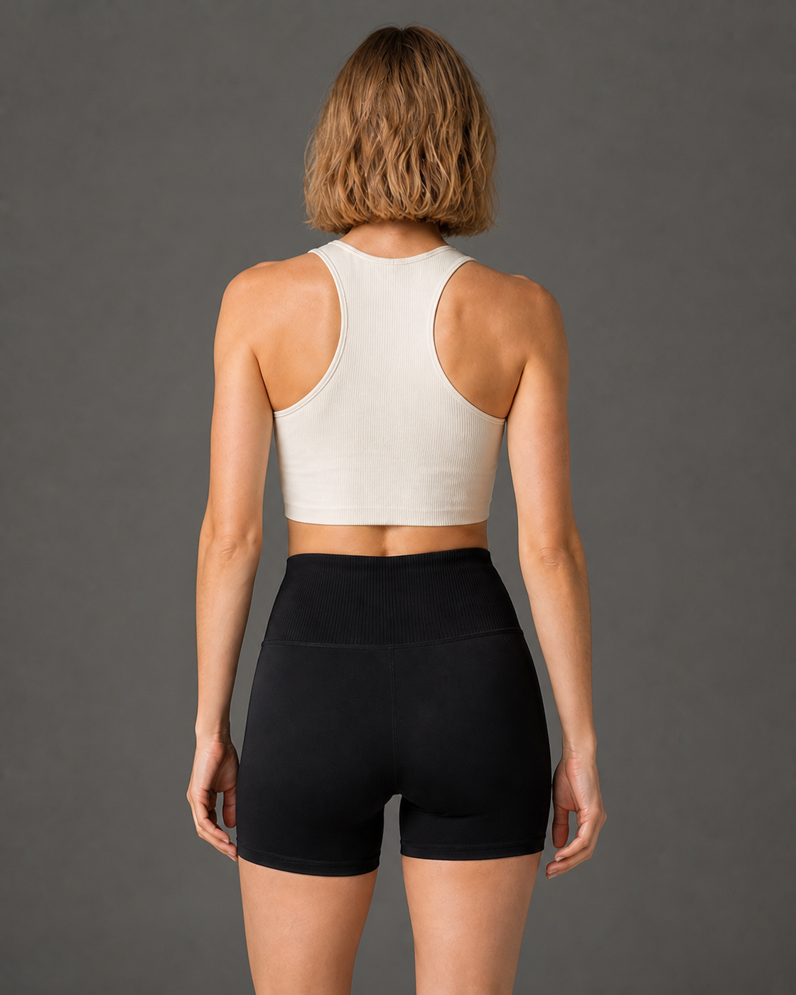 Back construction of the Black Ribbed Waist Studio Short