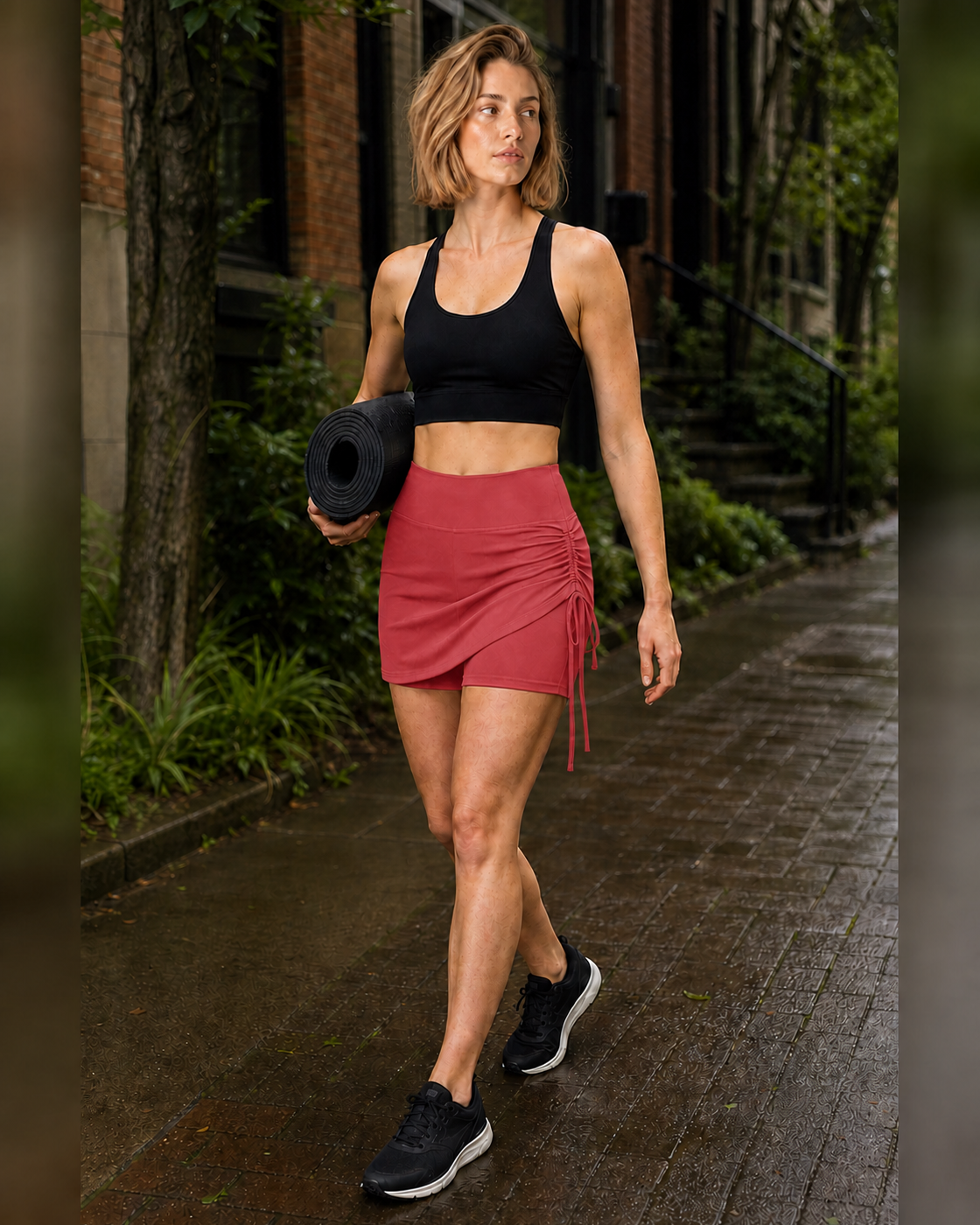 Red color view of the Ruched Side Studio Skort