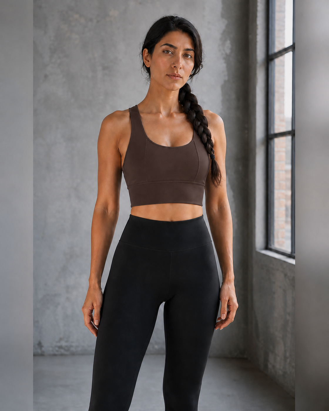 Coffee color view of the Sculpted Strap Sports Bra