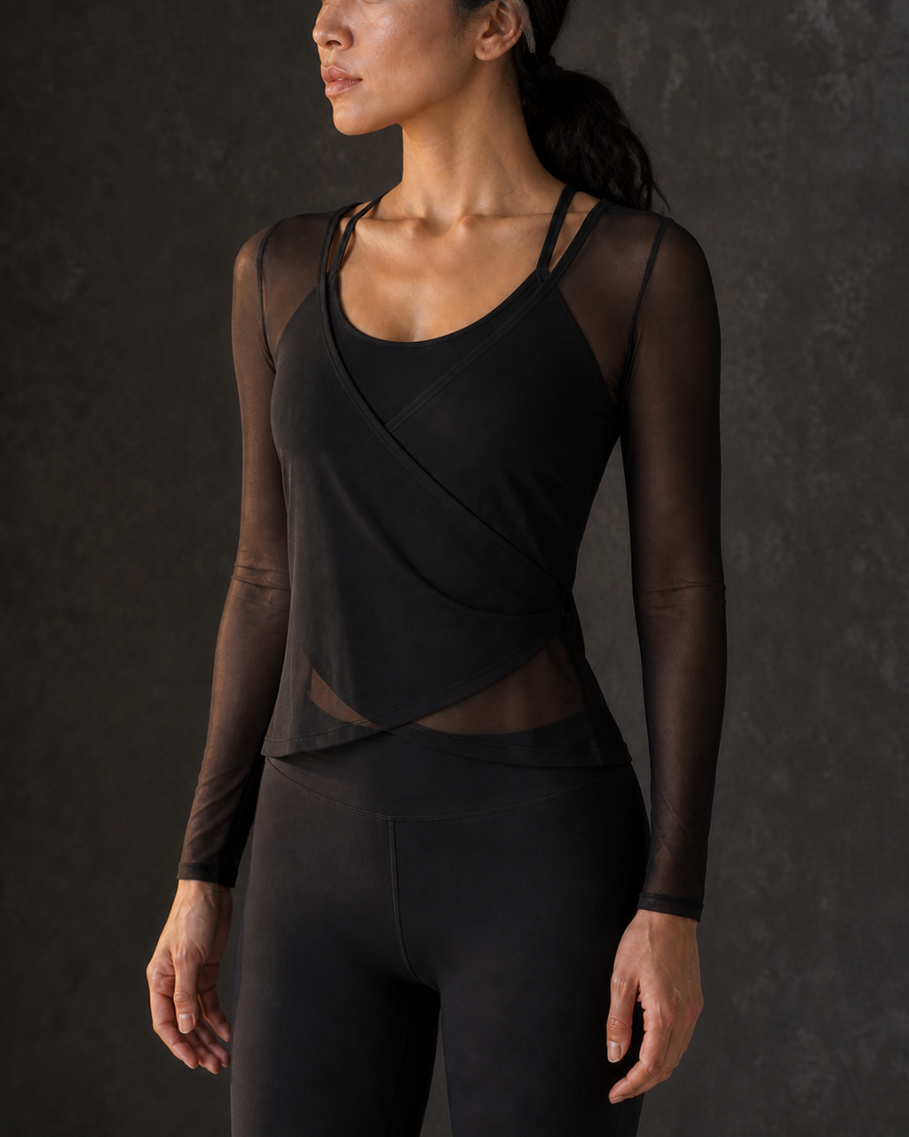 Diagonal Hem Detail — Black Sheer Layer Two-Piece Top