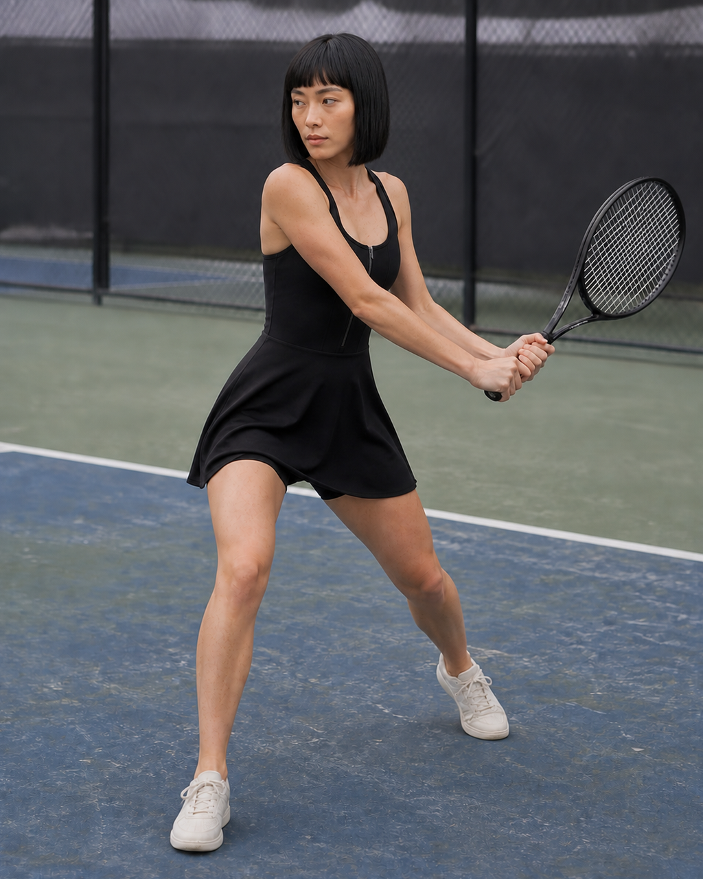 Backhand Prep — Black Zip-Front Court Dress