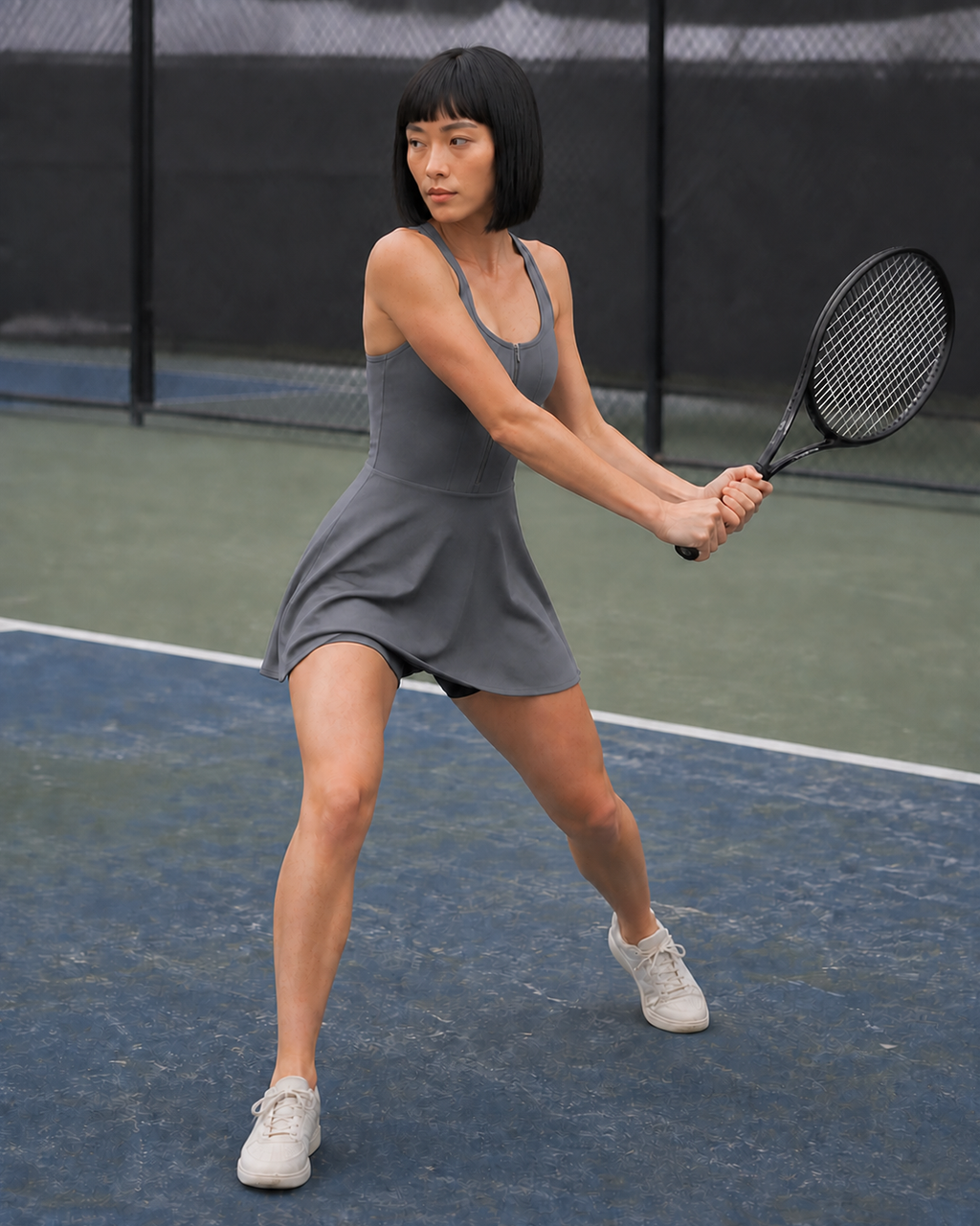 Grey color view of the Zip-Front Court Dress