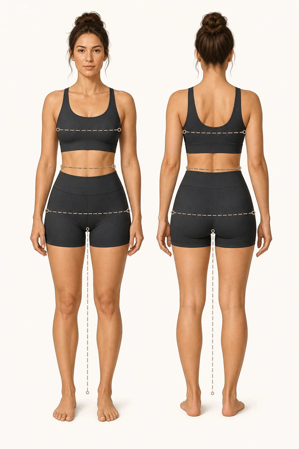 Front and back views showing the bust, waist, hip and inseam body measurement positions